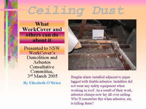 Ceiling dust, what WorkCover and others can do about it, slide 1
