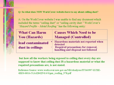 What does NSW WorkCover website have to say about ceiling dust? slide 22