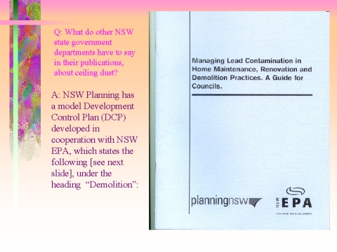 What do other NSW state government departments have to say in their publications, about ceiling dust? slide 38