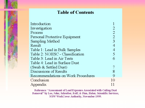 Assessment of Lead Exposure Associated with Ceiling Dust Removal - Table of Contents, slide 47