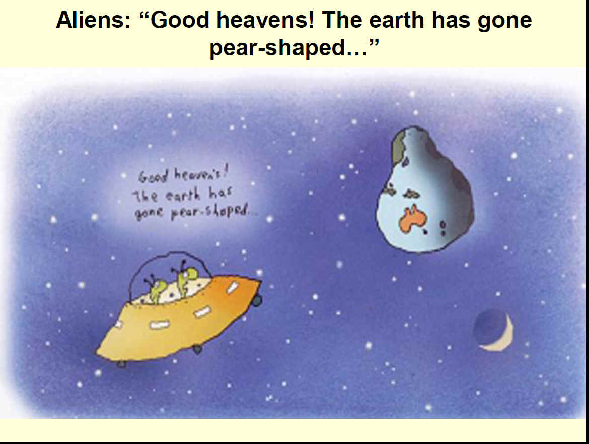 Leunig cartoon. Aliens: "Good Heavens! The earth has gone pear-shaped..." slide 2