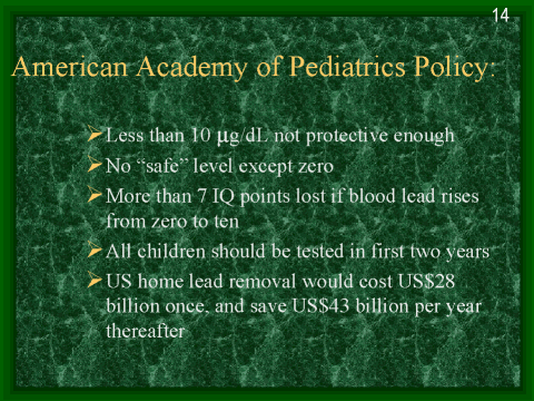 American Academy of Pediatrics Policy on blood lead levels, slide 14
