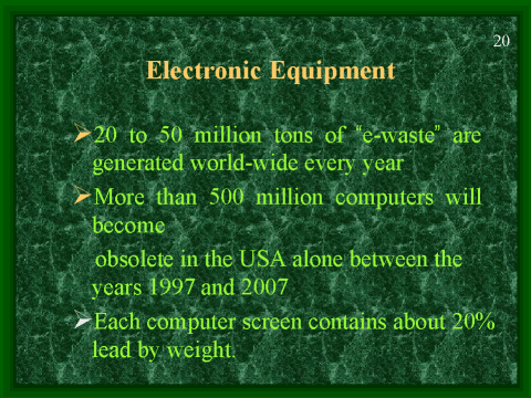 20 to 50 million tons of “e-waste” are generated world-wide every year, slide 20
